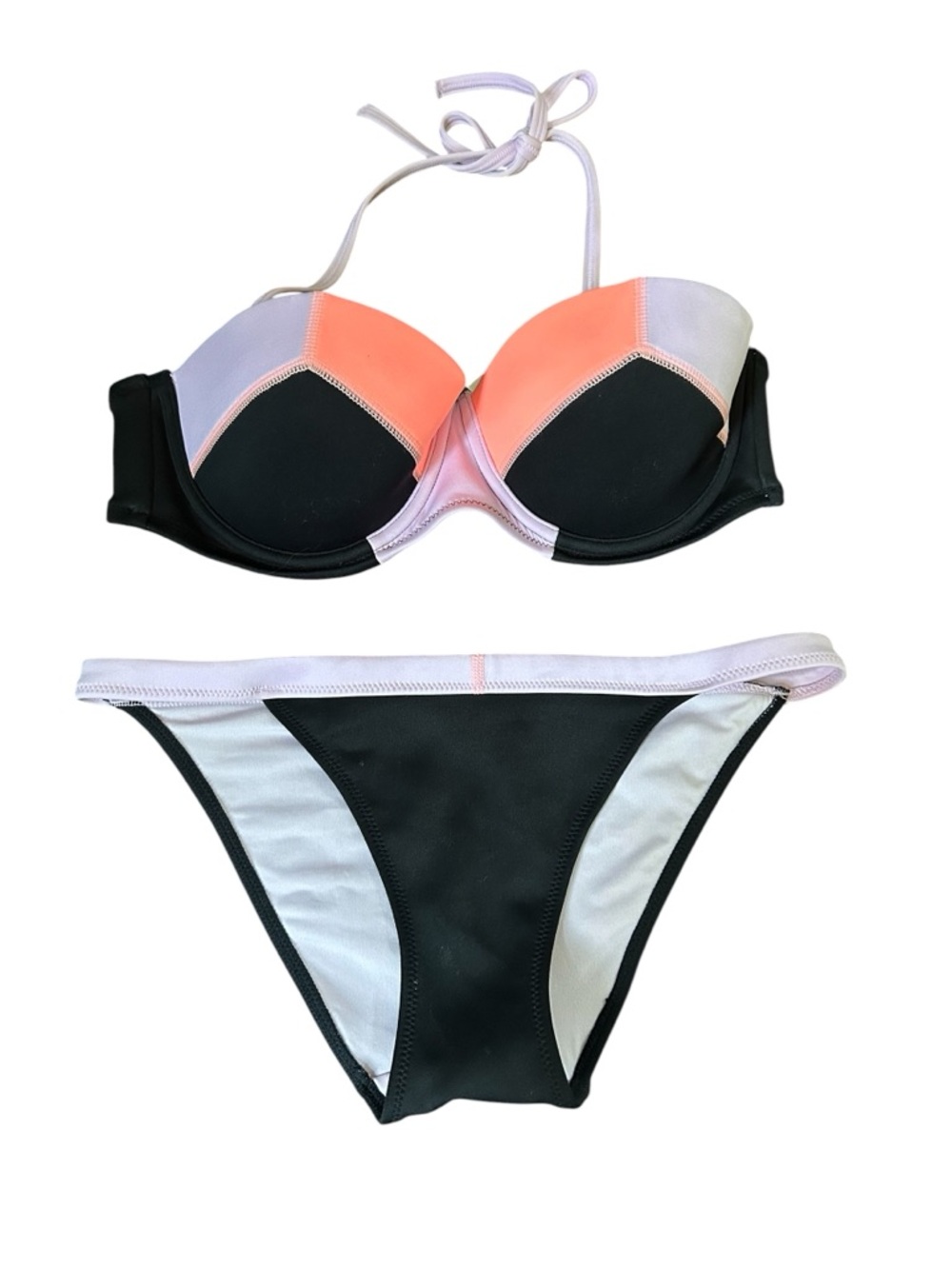 Victoria Secret Push-Up Colorblock Bikini Set - Black & Coral